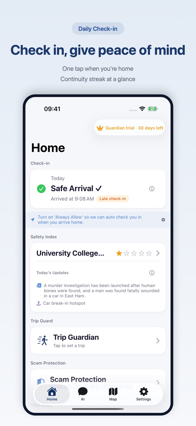 One-tap safety check-in screen