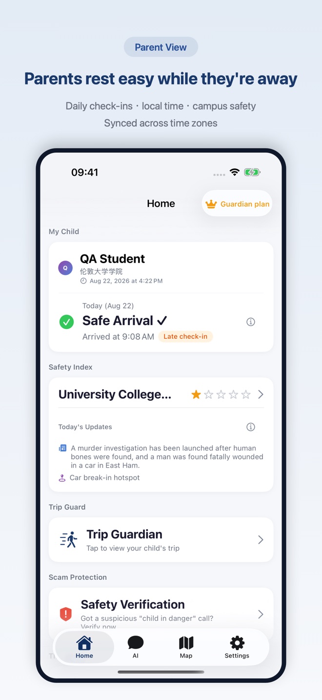 Parent dashboard with daily reassurance